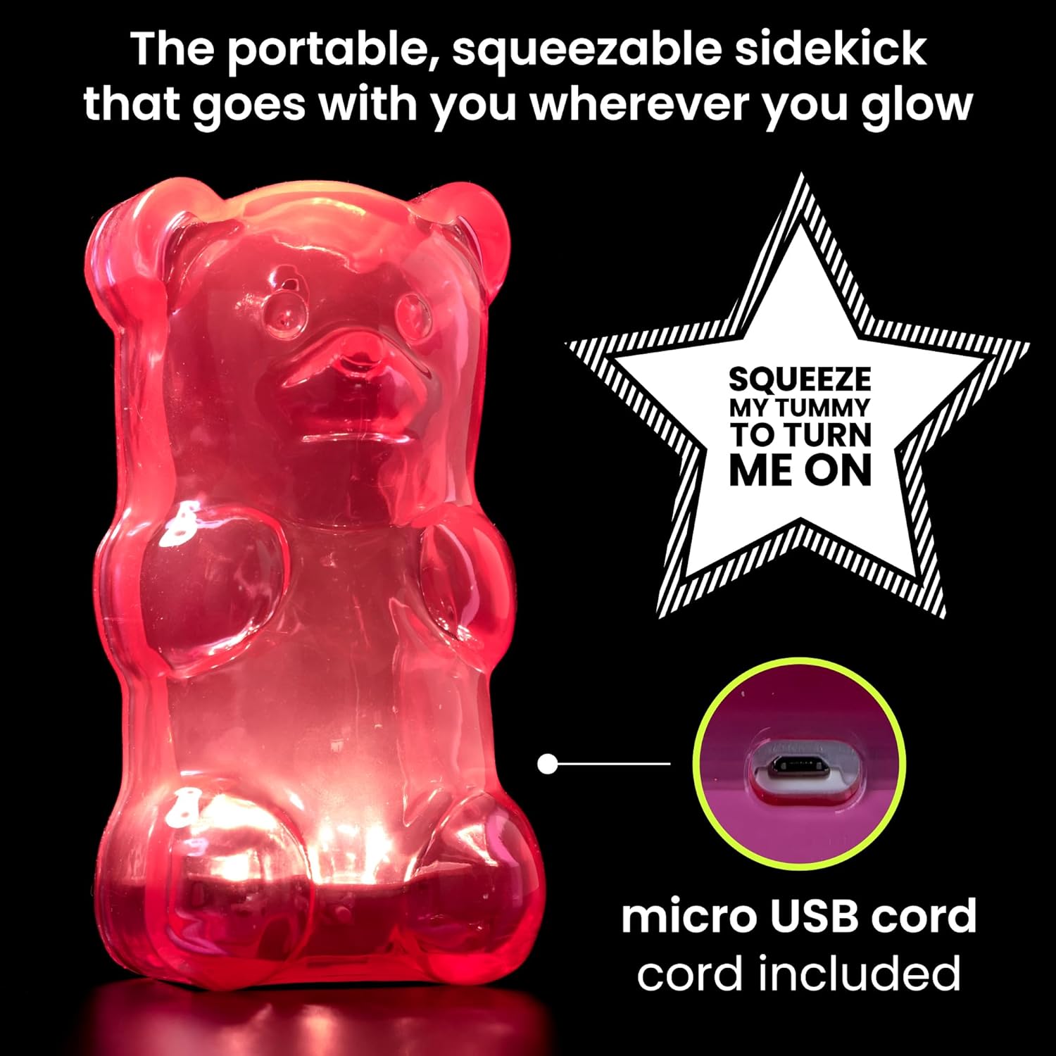 71e-uNUT-jL._AC_SL1500_.jpg Gummygoods Squeezable Gummy Bear Night Light - Rechargeable, Portable, Squishy Lamp, 60-Min Sleep Timer - Christmas Gift for Kids & Adults, Baby Nursery, and Dorm Rooms - (Pink) - Image 5