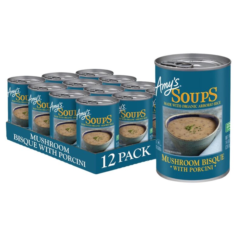71e09jlrL2L._SL1500_.jpg Amy's Soup, Mushroom Bisque Soup With Porcini, Gluten Free Organic Blend of Mushrooms, Rice, Vegetables and Cream, Canned Soup, 14 Oz (12 Pack)