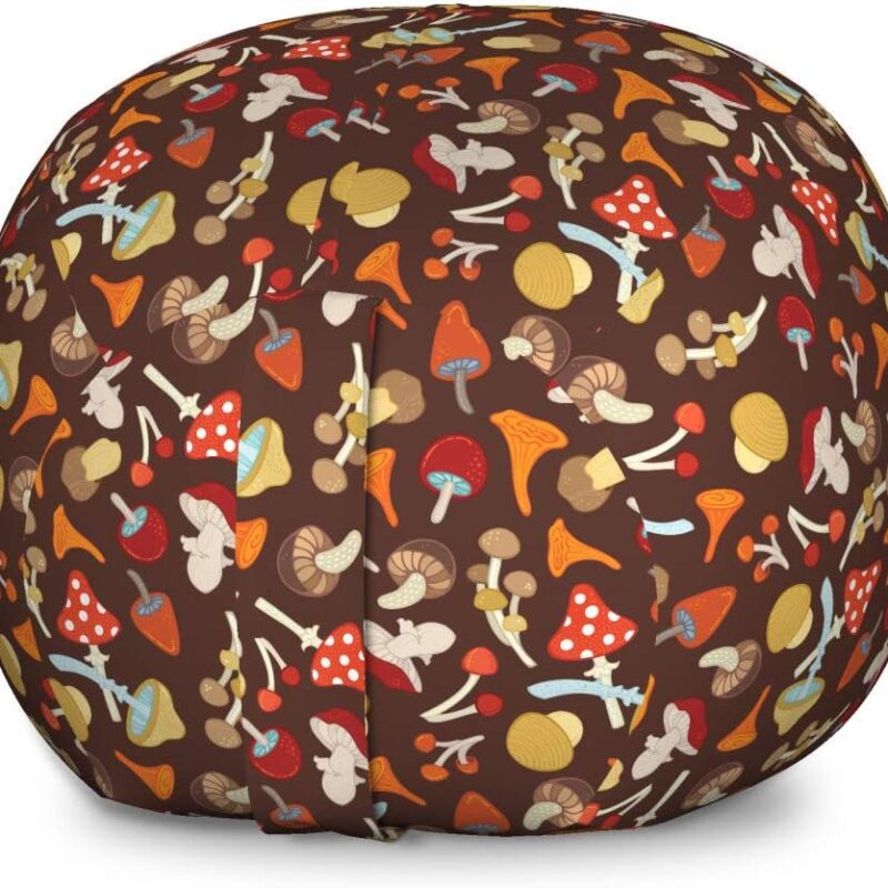 Lunarable Mushroom Storage Toy Bag Chair, Cartoon Mushrooms Forest Fungal Amanita Girolles Agaric Botanical Autumn, Stuffed Animal Organizer Washable Bag, Large Size, Brown Vermilion
