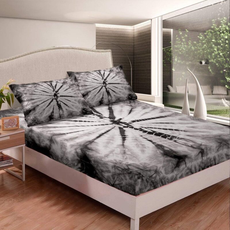Erosebridal Tie Dye Fitted Sheet, Gray Tie Dye Bed Sheet Set Grey Spiral Vortex Bed Cover for Kids Boys Decor Gifts, Ethnic Tattoo Bedding Set 1 Fitted Sheet with 2 Pillow Cases Queen Size