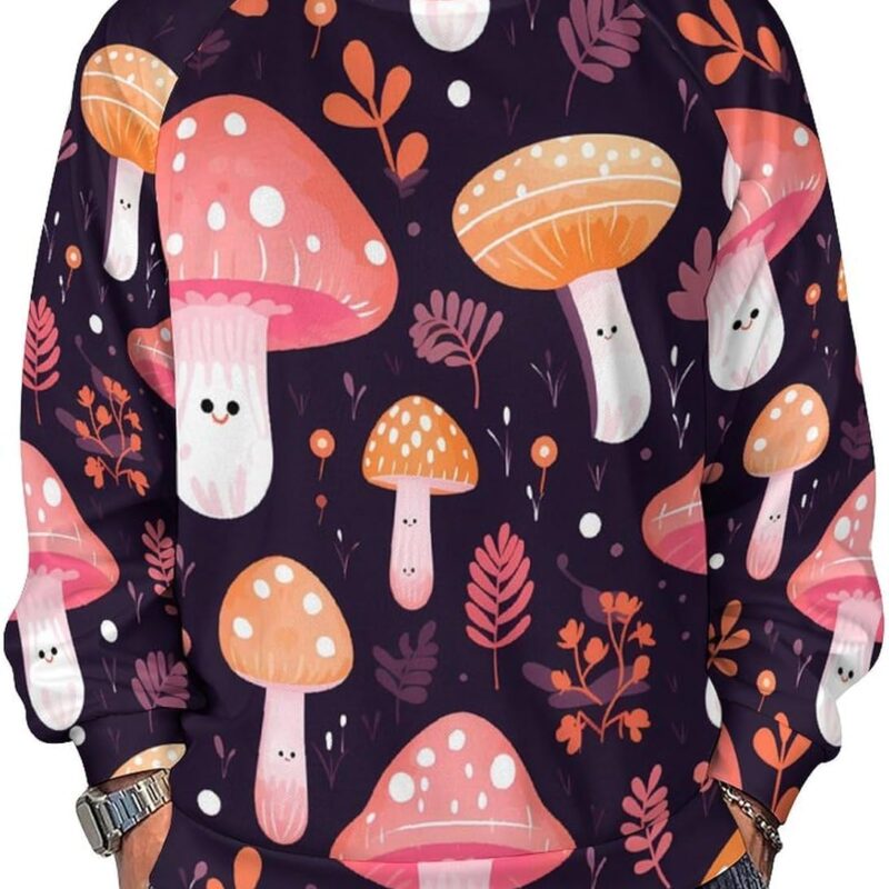Cute Mushrooms Men's Casual Crewneck Long Sleeves Sweatshirts Relaxed Fit Pullover Shirt Graphic Top