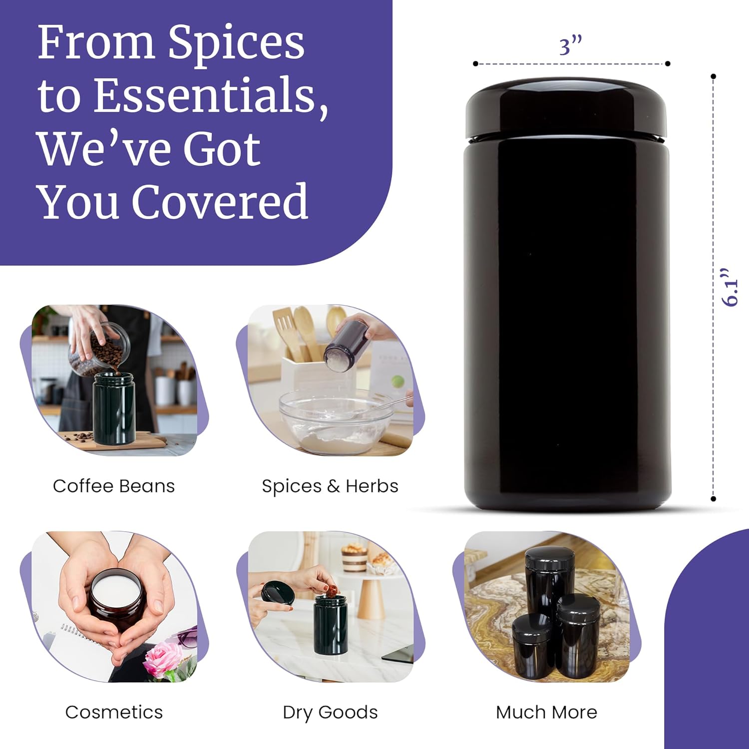 71hYohlI0yL._AC_SL1500_.jpg Infinity Jars Classic Black Glass Jar 500 ml (17 Fl Oz) Ultraviolet Airtight Smell Proof, Refillable Container, Screw Top Jar For Long Term Storage Coffee, Spices, Dried Goods Jar For Kitchen 3 Pack - Image 3