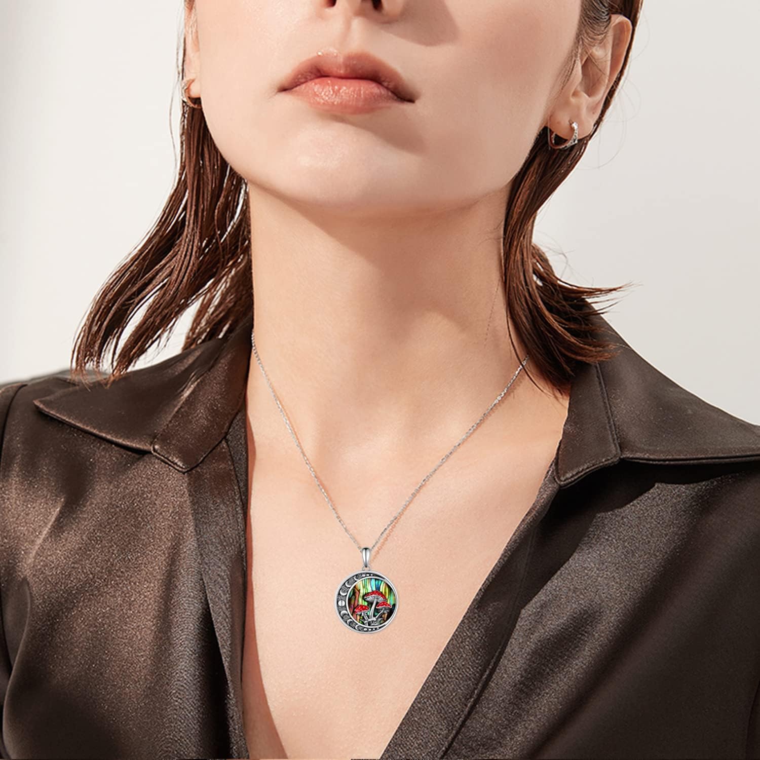 71iDGkfThrL._AC_SL1500_.jpg Moon Mushroom Necklace for Women,925 Sterling Silver Magical Red Mushroom Pendant Moon Phase Necklaces,Anniversary Birthday Gifts for Women Mom,18''-20'' - Image 6