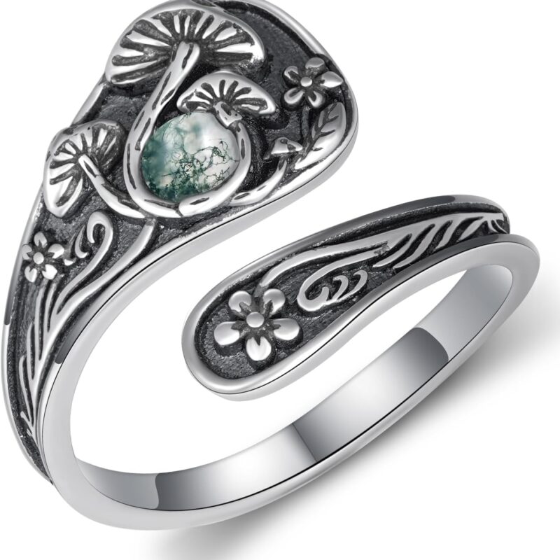 Mushroom Spoon Rings for Women Moonstone/Moss Agate 925 Sterling Silver Agate Mushroom Ring Vintage Thumb Ring Jewelry for Women Men