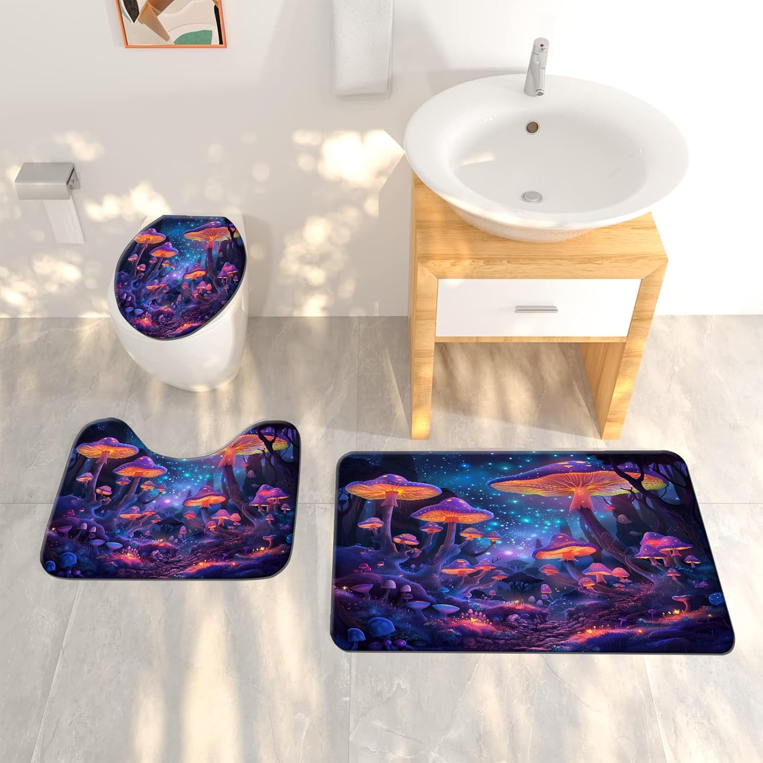 71iYlbehFsL._AC_SL1500_.jpg Mushroom Bathroom Set- Magic Plant 4PCS Shower Curtain Sets Accessories with Non-Slip Rug, Toilet Lid Cover, Bath Mat-72x72in-Moon and Stars Curtains-Home Decor Women Adults Gifts - Image 2