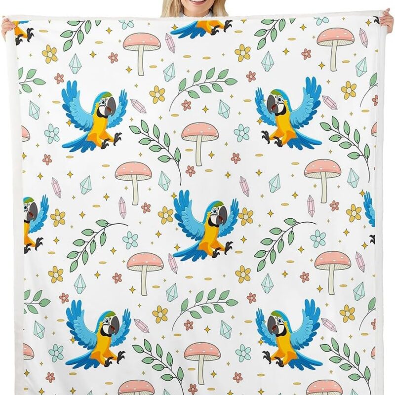 Kids Cute Parrot Queen 90"X90" Fleece Bed Blanket for Girls Boys Kawaii Floral Leaves Mushroom Throw Blanket,Cartoon Animal Bird Sherpa Blanket Flower Botanical Wildlife Fuzzy Blanket