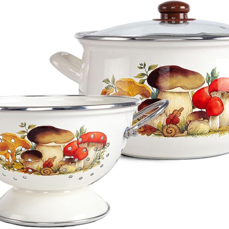 Enamel Aluminum Casserole & Colander Pasta Set with Complimentary Cotton Kitchen Towel & Spatula 1 pot, 1 glass lid, 1 colander (Mushrooms)