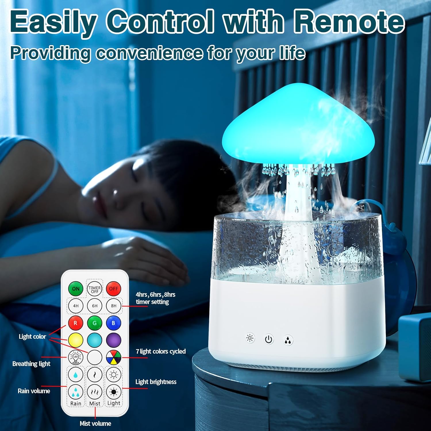 71jYxxcKMtL._AC_SL1500_.jpg Cloud Humidifiers 450ML Water Drip Mushroom Humidifiers with Remote Control 7 Colors Mood Light Air Humidifier Raindrop Humidifiers for Bedroom - Image 6