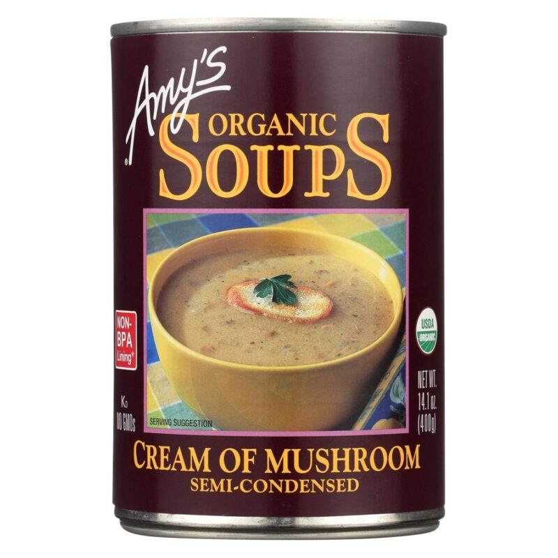 Amy's Soup, Cream of Mushroom Soup, Made with Organic Vegetables, Canned Soup, 14.1 Oz (12 Pack)