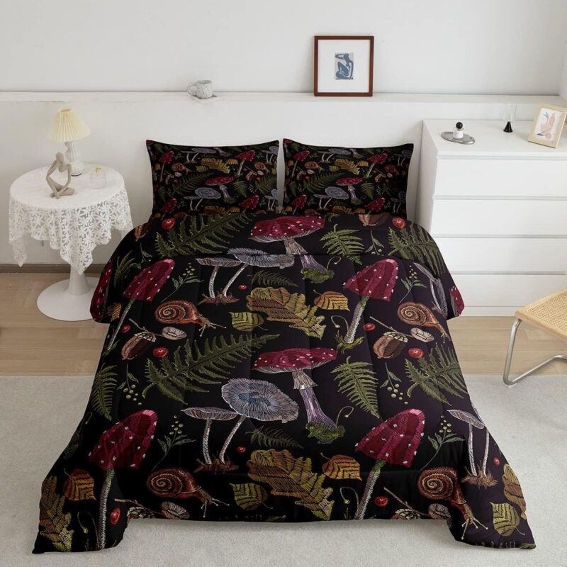 Castle Fairy Wild Mushroom Bed Comforters Set King Size,Burgundy Plant Fallen Leaves Super Soft Microfiber Bedding Set for Girls/Boys,Embroidery Snail Print Decorative Comforter Set,2 Pillowcase