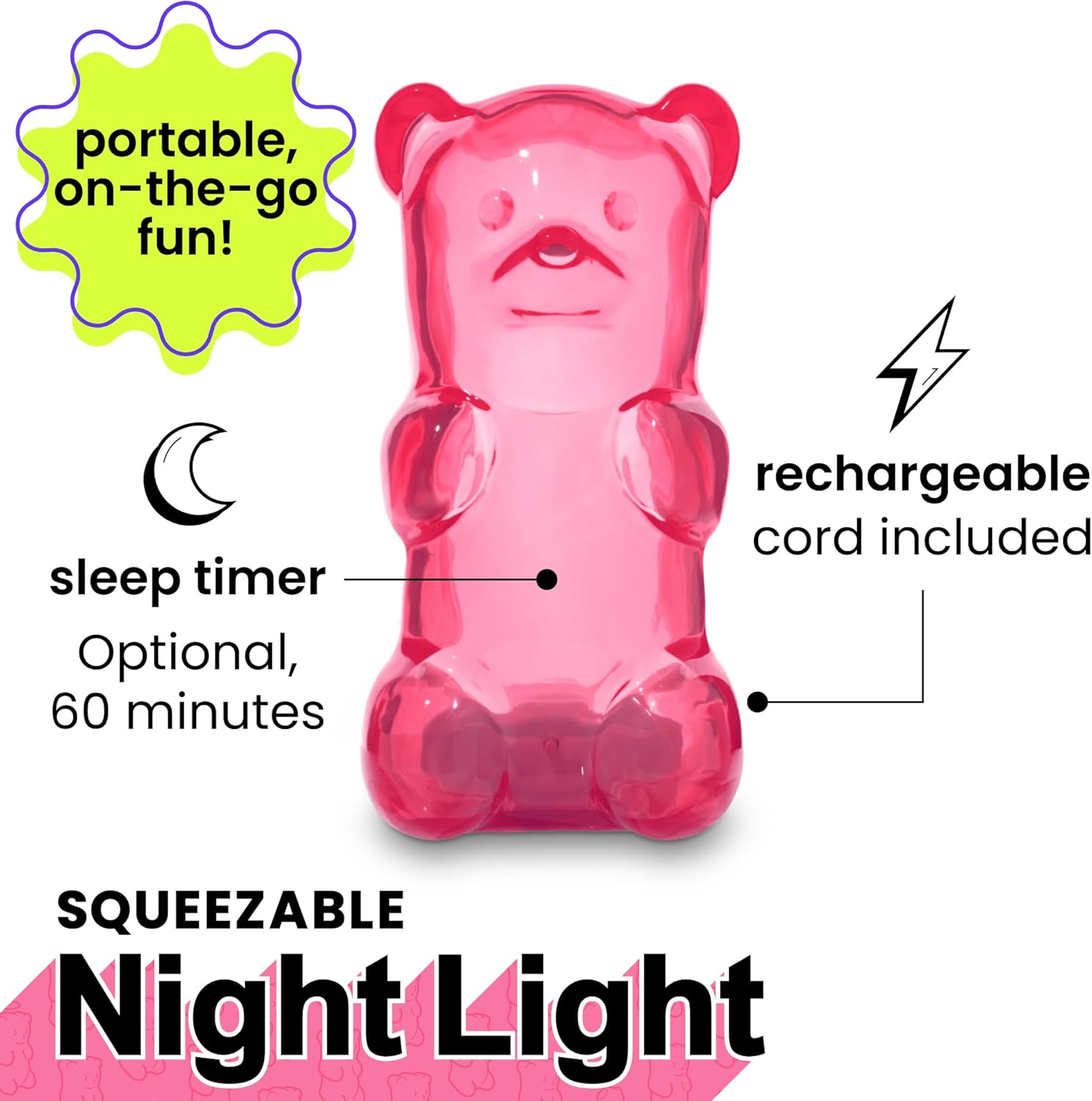 71l4tFuYuaL._AC_SL1500_.jpg Gummygoods Squeezable Gummy Bear Night Light - Rechargeable, Portable, Squishy Lamp, 60-Min Sleep Timer - Christmas Gift for Kids & Adults, Baby Nursery, and Dorm Rooms - (Pink) - Image 4