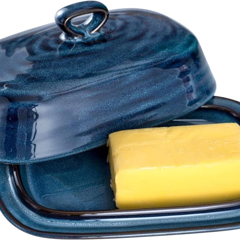 Hasense Porcelain Butter Dish with Lid, Covered Butter Container with Handle Design for Countertop, Blue