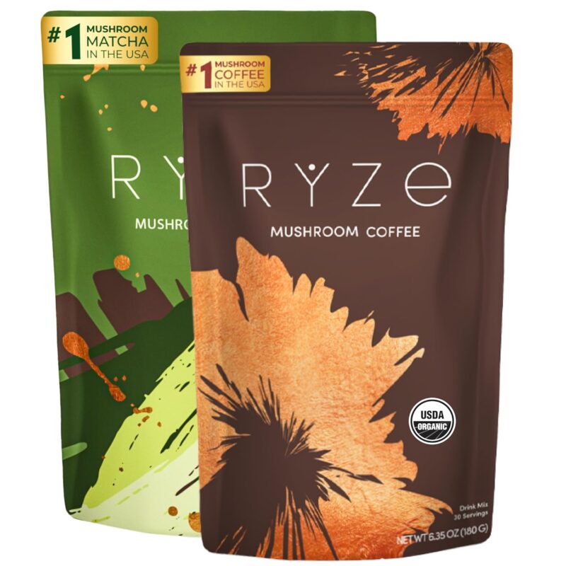 RYZE All Day Energy Bundle | Mushroom Coffee + Mushroom Matcha | 6 Adaptogenic Mushrooms | USDA Organic | MCT Oil | USA Grown | Japanese Matcha | Better Energy, Focus, Digestion, Immunity | 60 serving