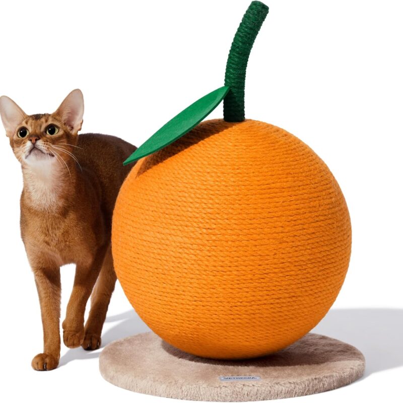 VETRESKA Orange Cat Scratching Post, Cute Cat Scratcher with Sisal Rope, Vertical Cat Scratch Post for Indoor Cat and Kitten, Cat Scratching Ball