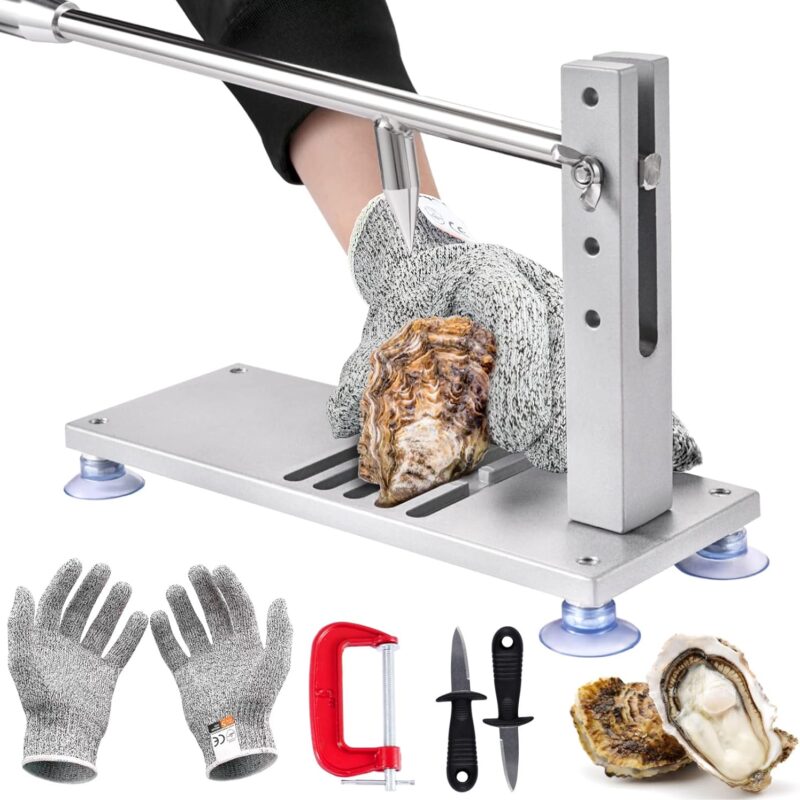 Oyster Clam Opener Machine Adjustable Oyster Shucker Machine Oyster Shucker Tool Set Including Knives, Glove and g-Clip, Seafood Tools for Hotel Family Buffet