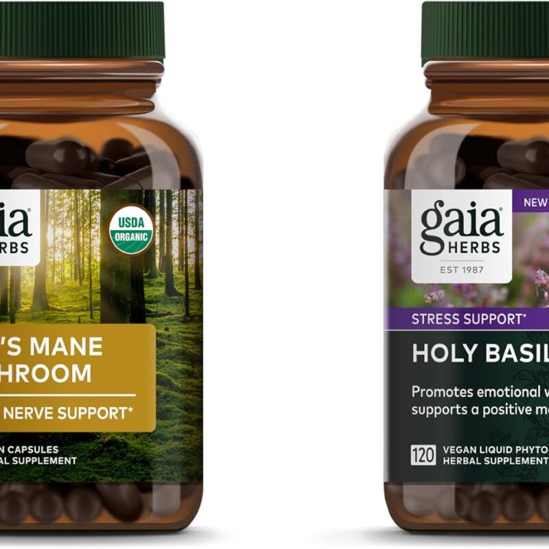 Gaia Herbs Lion’s Mane Mushroom - Help Maintain Neurological Health - 120 Vegan Liquid Phyto-Capsules & Holy Basil Leaf - Helps Sustain a Positive Mindset and Balance in Times of Stress - 120 Vegan Li