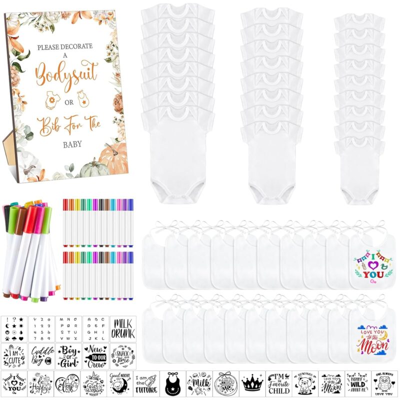 Panitay 100 Pcs Baby Bib Bodysuit Baby Shower Set Baby Shower Game Sign Baby Feeder Bib Newborn Bodysuit Fabric Marker (Fall Pumpkin)