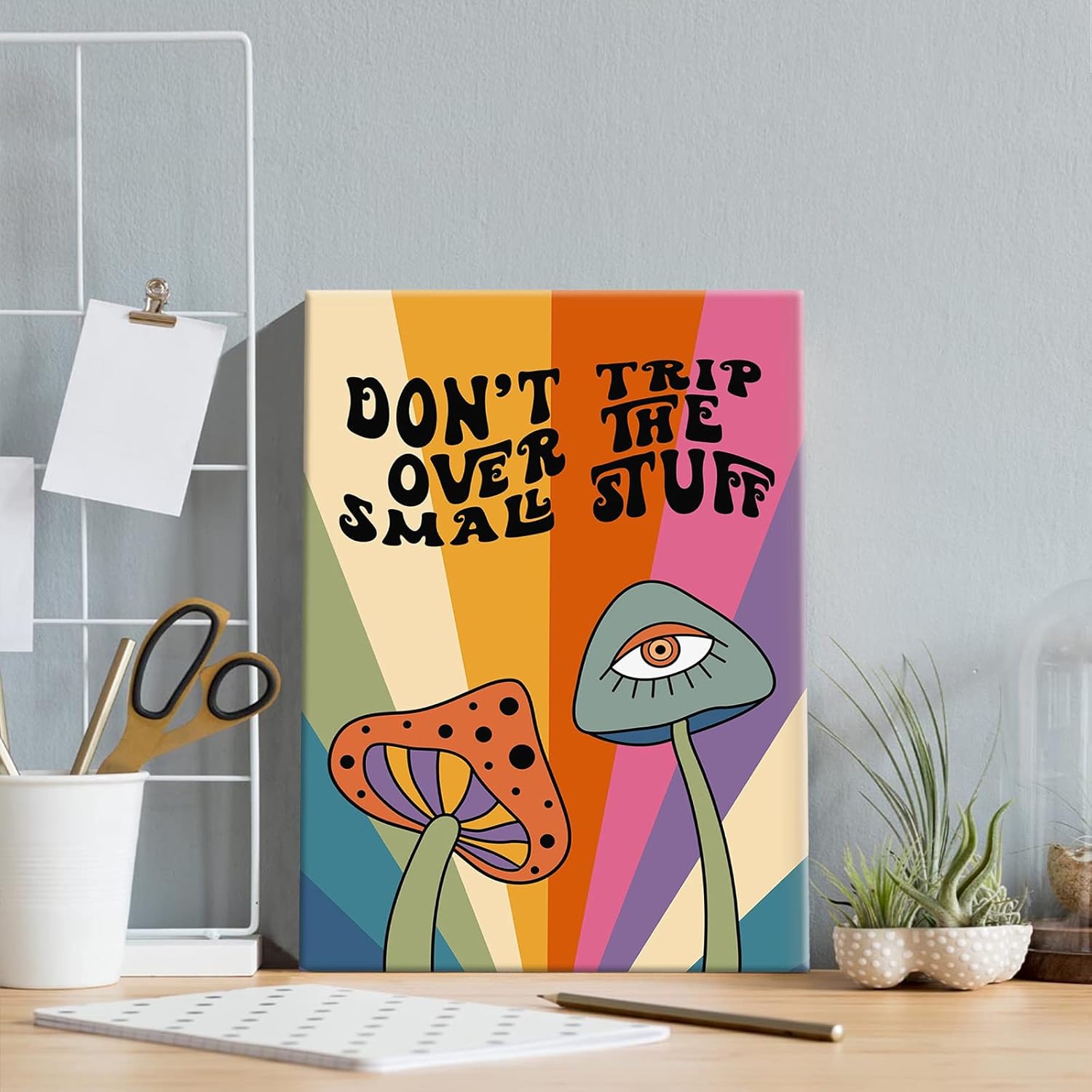 71o2ARwPwrL._AC_SL1500_.jpg Wood Framed Vintage Funky Mushroom Canvas Wall Art Trippy Cool Motivational Positive Affirmations Quotes Room Aesthetic Posters Hippie Cute Prints Painting 70s Decor for Bedroom Living Room 24x36in - Image 2