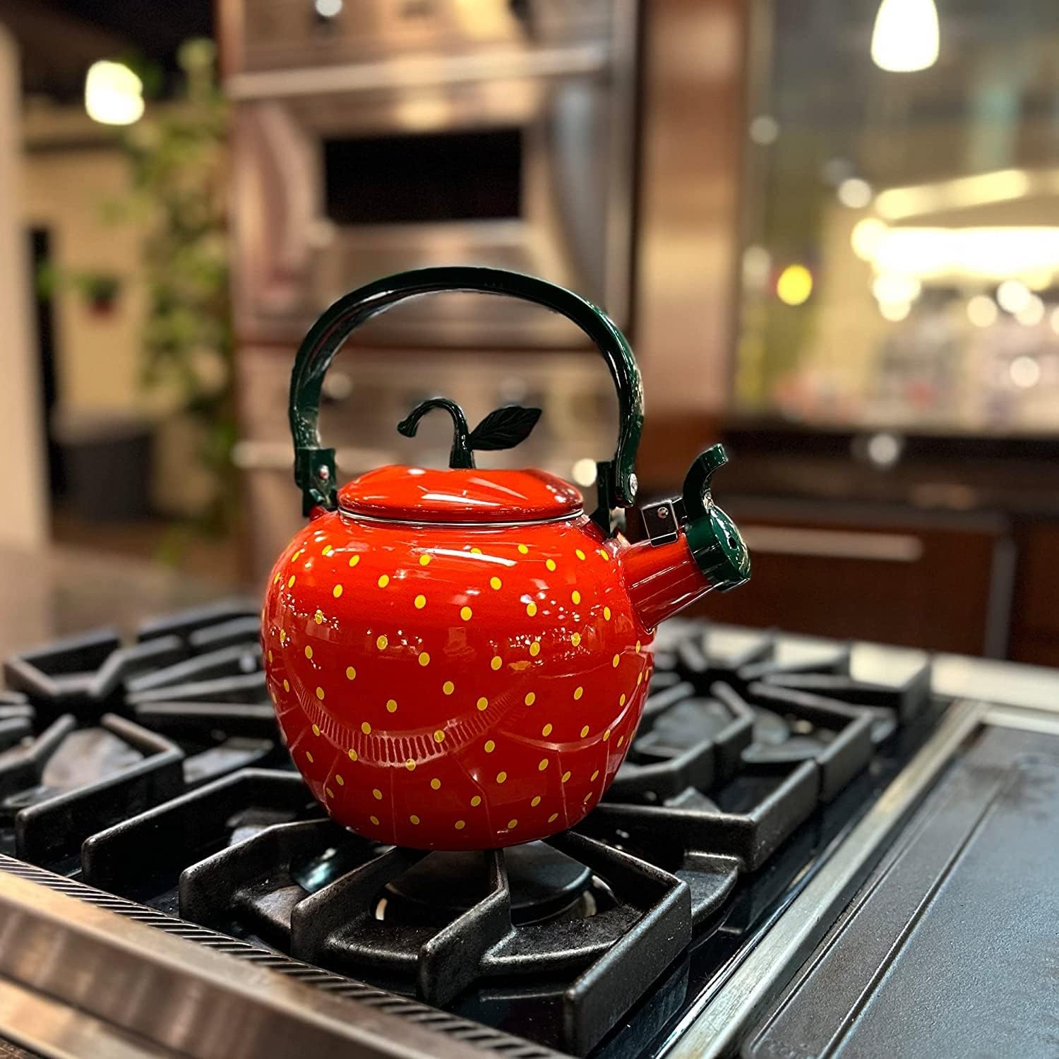 71oK-1AN5KL._AC_SL1500_.jpg Whistling Tea Kettle for Stove Top Enamel on Steel Teakettle, Supreme Housewares Strawberry Design Teapot Water Kettle Cute Kitchen Accessories Teteras (2.3 Quart, Strawberry) - Image 2