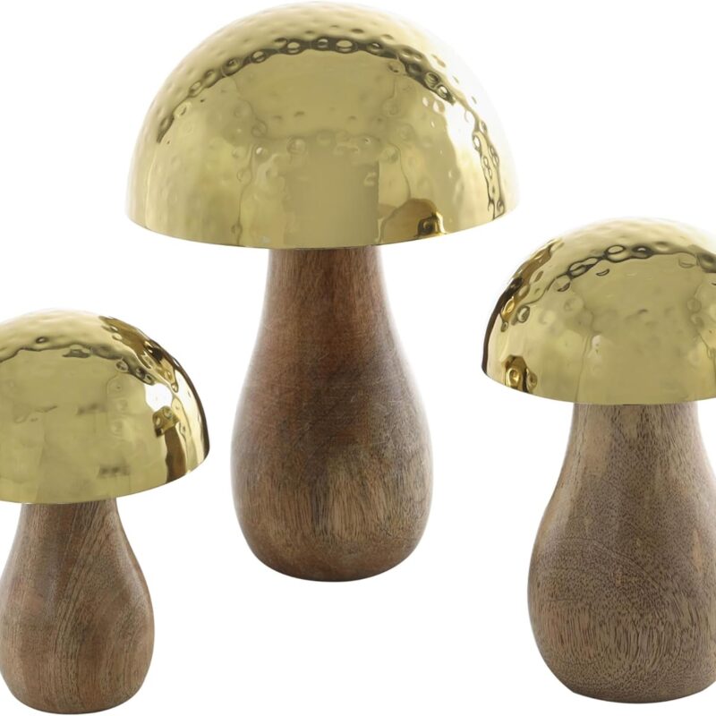 Deco 79 Stainless Steel Metal Mushroom Handmade Decorative Sculpture Hammered Home Decor Statues with Brown Mango Wood Bases, Set of 3 Accent Figurines 9", 7", 6"H, Gold