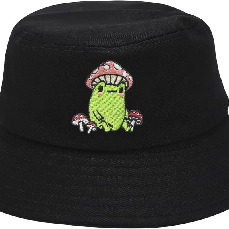 Embroidered Frog with Mushroom Bucket Hat for Women Men