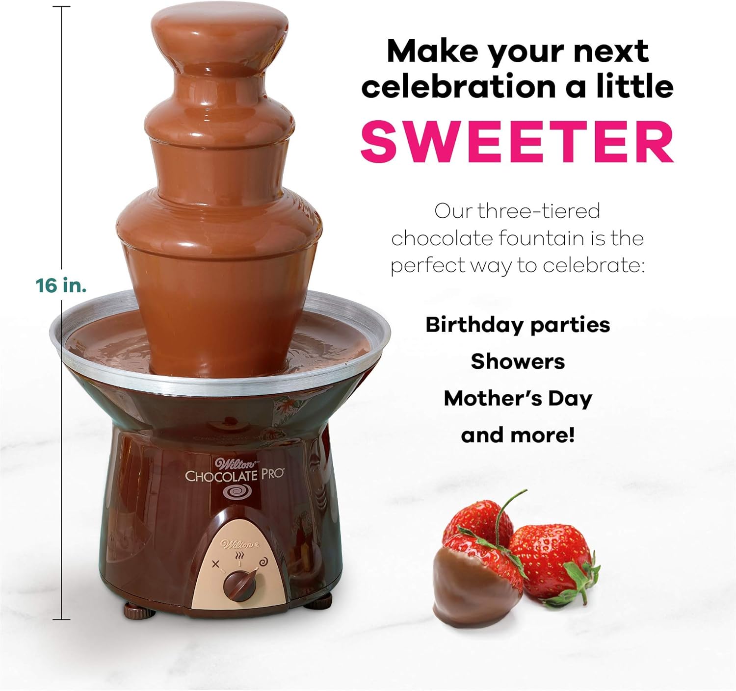 71qDsRzJiL._AC_SL1500_.jpg Wilton Chocolate Pro Chocolate Fountain and Fondue Fountain - Designed to Keep Chocolate Melted for Easy Treat Dipping, 3-Tier, 16-Inches Tall, 4-lb Capacity - Image 3