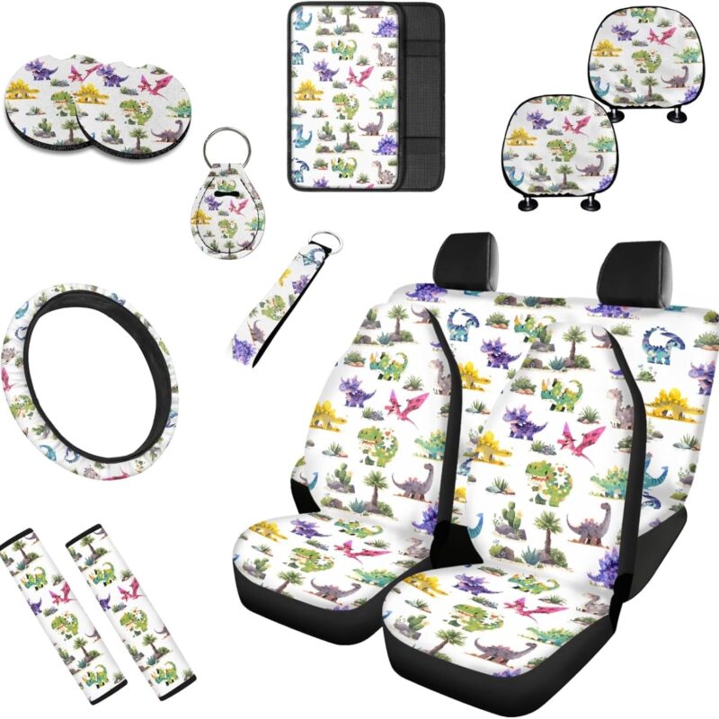 Cartoon Mini Dinosaur T-rex Hand Drawing Car Seat Cover Full Set Universal 13 Pcs for Cute Pterosaur Dinosaur Forest Front and Back Seat Cover Keychains for Truck SUV…