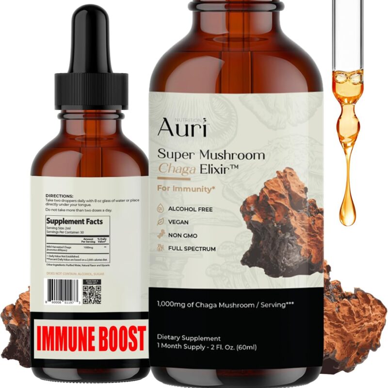 Auri Super Chaga Elixir - Mushroom Superfood Liquid Supplement with Full Spectrum Immune Support from Oxidative Stress and Energy Lift - Chaga Tincture 60ml
