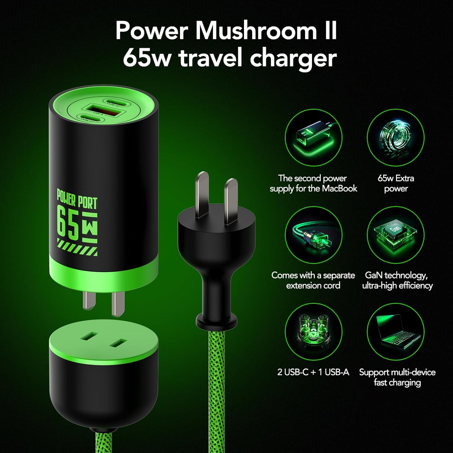 71rnfC3Te7L._AC_SL1500_.jpg 65W GaN Fast Wall Charger Block with 2 USB-C & 1 USB-A Ports, 5ft Nylon Extension Adapter – High-Speed Charging for iPhone, iPad, MacBook, Samsung Galaxy, and More Devices (Black&Green) - Image 2