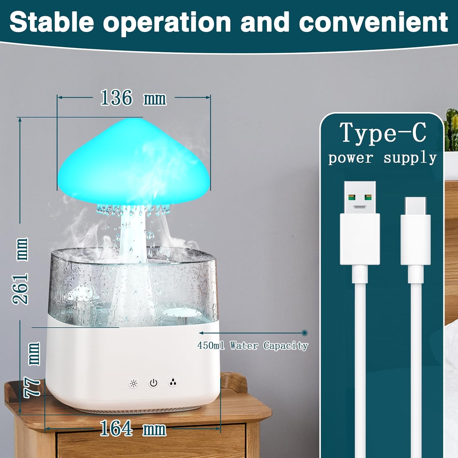 71ro9GHdlhL._AC_SL1500_.jpg Cloud Humidifiers 450ML Water Drip Mushroom Humidifiers with Remote Control 7 Colors Mood Light Air Humidifier Raindrop Humidifiers for Bedroom - Image 5