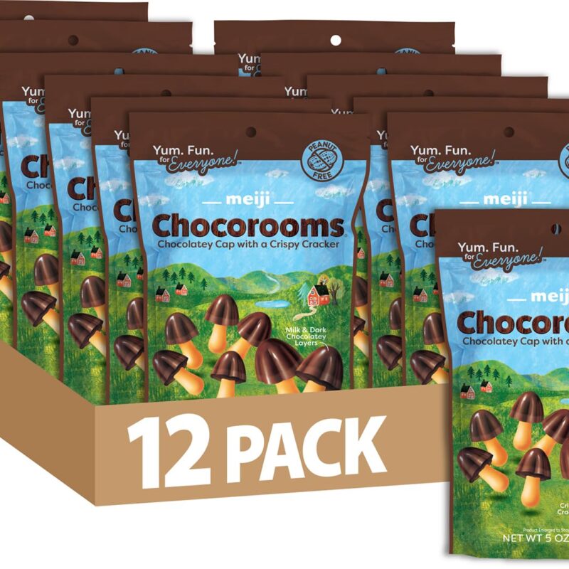 Meiji Chocorooms Crispy Crackers, Milk and Dark Chocolate Combination - 5 oz, Pack of 12 - Bite Sized Crackers in Fun Mushroom Shapes