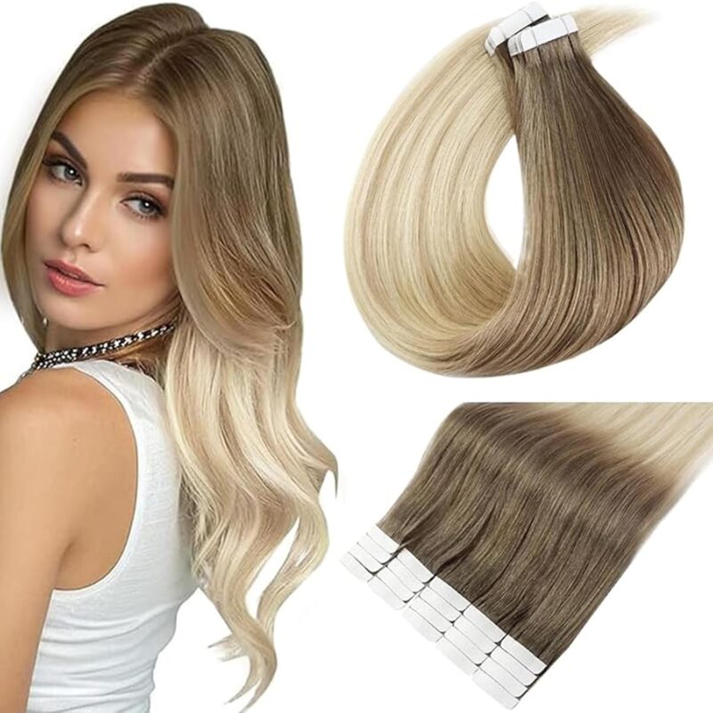 Full Shine Tape in Hair Extensions Invisible Tape in Hair Extensions Human Hair Ombre 18 Inch Color 8 Ash Brown Fading to 60 Platinum and 18 Ash Blonde 20 Pieces 50g Remy Hair Extensions Tape