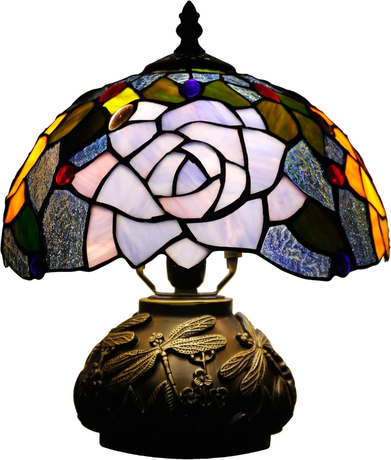 71sRN12MGIL._AC_SL1500_.jpg Small Tiffany Table Lamp Yellow Purple Rose Style Stained Glass Desk Lamp 10X11.5 Inch Mushroom Table Light for Office Home Living Room Bedroom - Image 5