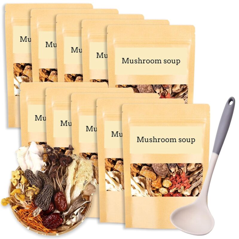 KWOLYKIM Mushroom Soup Package of 11 Type of Mushrooms, Dried Organic Mushroom Soup Set with Soup Ladle, Mushroom and Herb Soup Bag Rehydrate Quickly, Individually Wrapped Soup Packets (45g, 10 Pack)