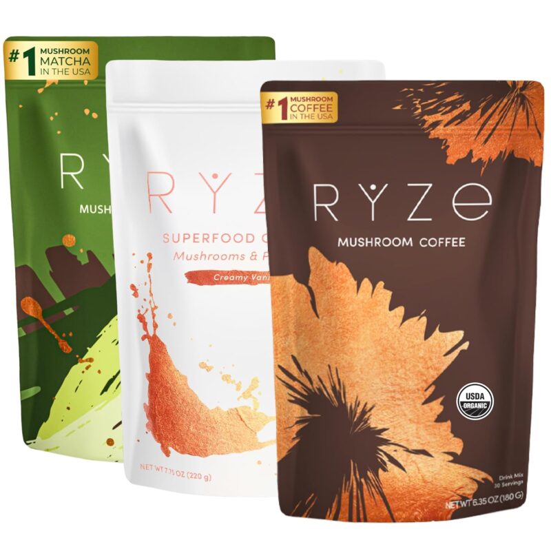 RYZE Ultimate Energy Bundle | Mushroom Coffee + Mushroom Matcha + Probiotic Creamer | 6 Adaptogenic Mushrooms | USDA Organic | USA Grown | Better Energy, Focus, Digestion, Immunity | 60 servings