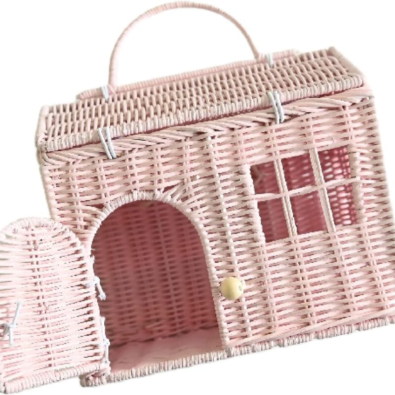 71tYSDWyonL._AC_SL1500_.jpg Rool Rattan House Shaped Basket Wicker Small Dollhouse Gift for Girls, Boho Toys, Mouse in a Box House, Little Girl Purse Clutch, Doll Carrier (Pink)
