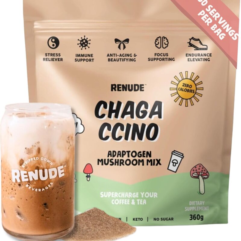 Renude Chagaccino - Chaga Mushroom Powder, Mushroom Coffee Drink Mix with Adaptogens, Natural Energy and Immune Support, Vegan, Keto, Zero Calorie Mushroom Blend Powder - 30 Servings