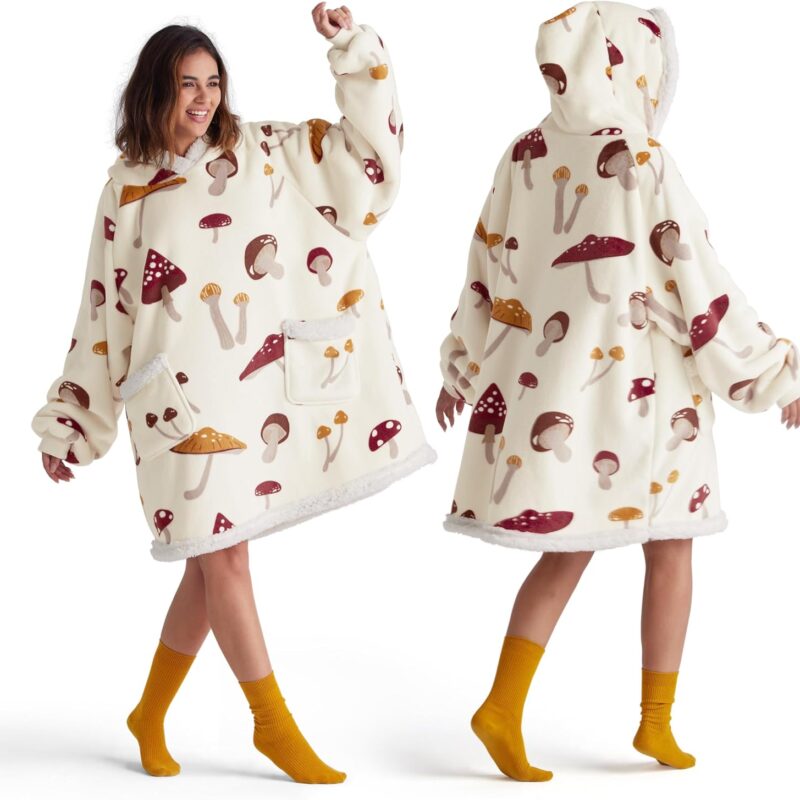 Bedsure Wearable Blanket Hoodie, Sherpa Hooded Blanket Printed for Adult & Kids as Gifts for Women, Mom Gifts Sherpa Hoodie, Standard, Mushroom, Beige