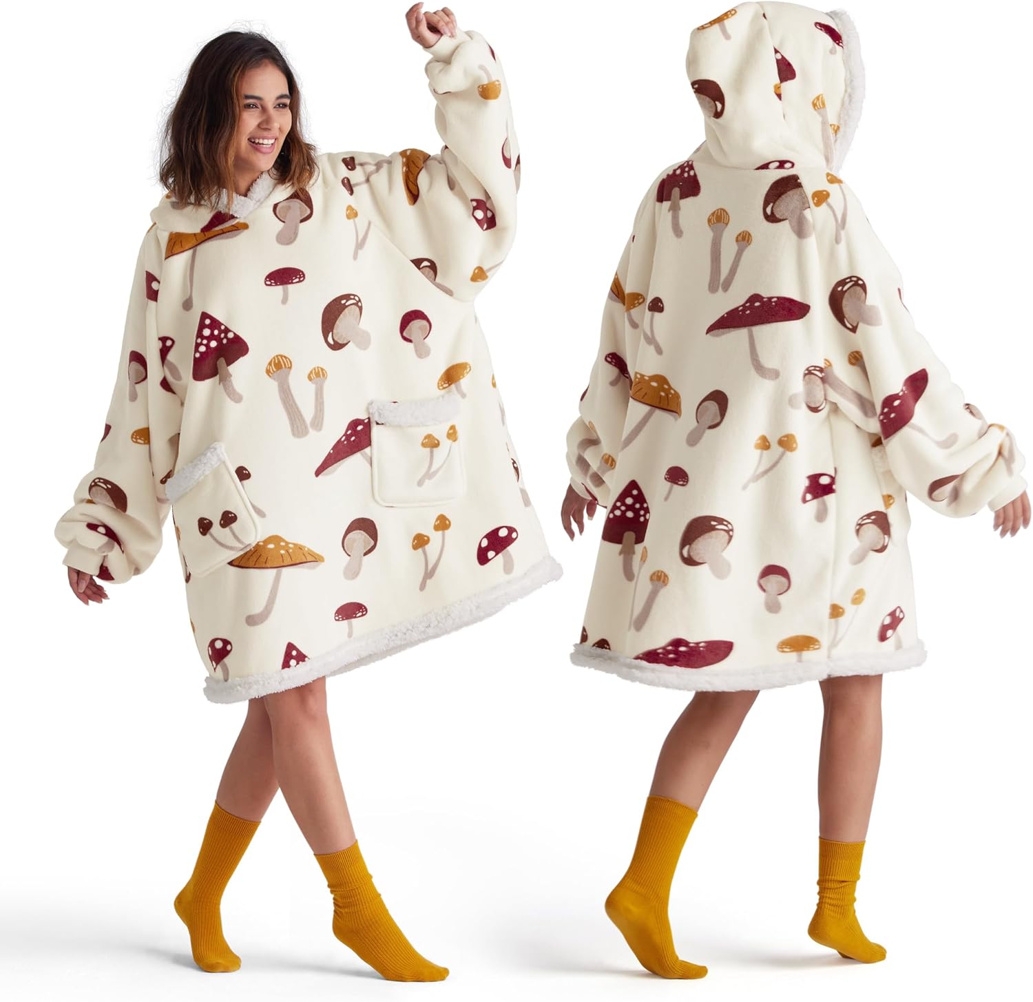 71uZ7VPjoaL._AC_SL1500_.jpg Bedsure Wearable Blanket Hoodie, Sherpa Hooded Blanket Printed for Adult & Kids as Gifts for Women, Mom Gifts Sherpa Hoodie, Standard, Mushroom, Beige