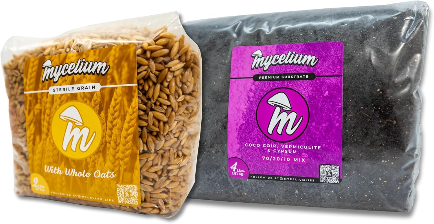 71uqAgLVmDL._AC_SL1500_.jpg Mycelium's Dung-Loving Mushroom Monotub Bundle - 4LB CVG & 2LB Whole Oats Grain | Expertly Prepared for Peak Mycelium Growth | Nutrient-Dense for Home Growers | Sterile Bags for Beginners & Pros