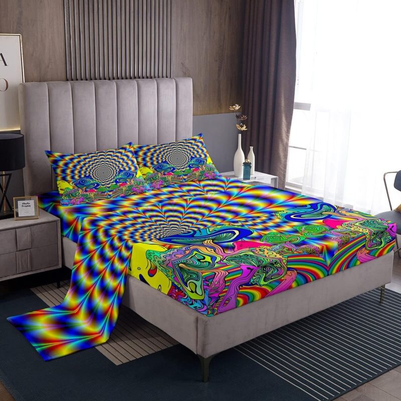 Erosebridal Psychedelic Sheet Set Yellow Blue Trippy Bed Sheets for Men Adult,Glowing Exotic Mushroom Cool Indie Goth Neon Fitted Sheet Psychedelic Room Decor Top Sheet King,Scary Trippy Room Decor
