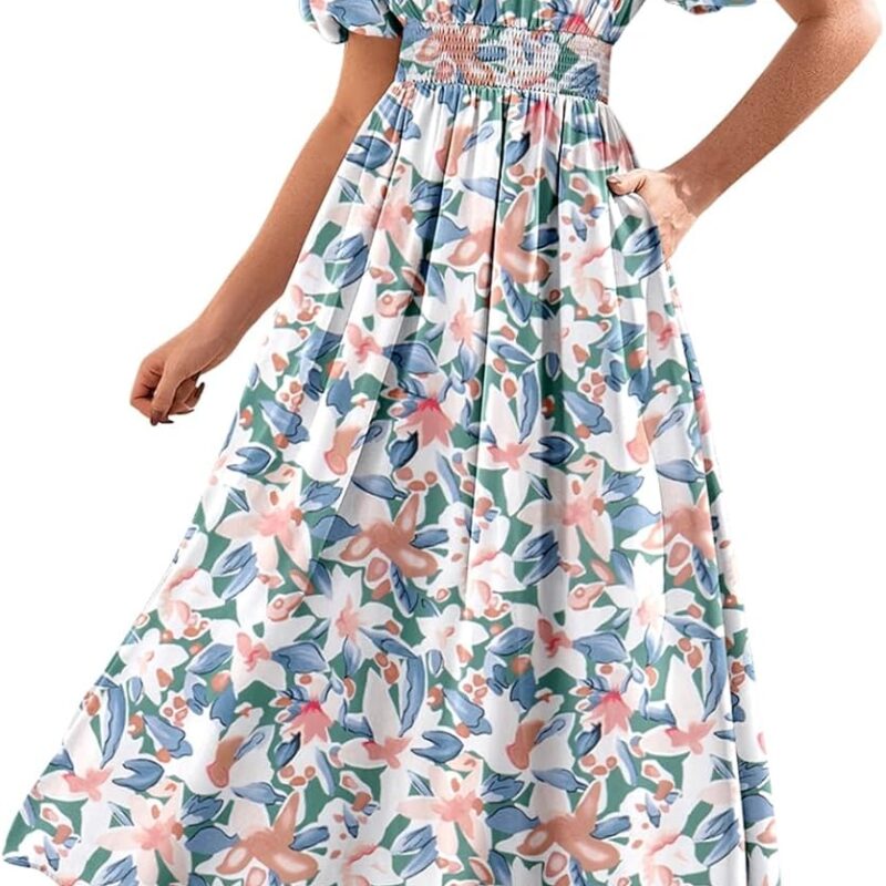Linsery Women's Summer Square Neck Short Puff Sleeve Casual Smocked Flowy A Line Midi Dress