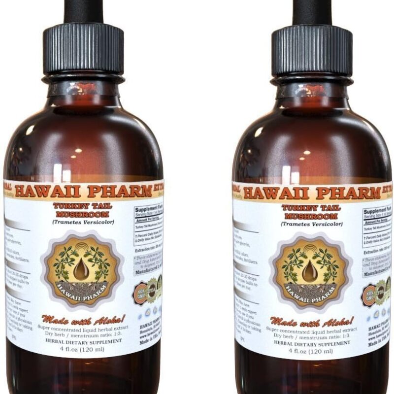 Turkey Tail Mushroom Liquid Extract, Turkey Tail Mushroom (Trametes Versicolor) Mushroom Tincture, Herbal Supplement, Hawaii Pharm, Made in USA, 2x4 fl.oz