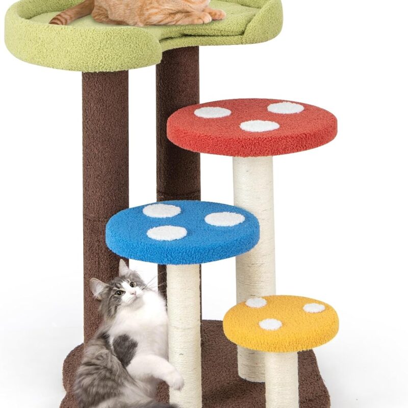Giantex Cute Cat Tree - 37 Inches Mushroom Cat Tower with 3 Full-Wrapped Sisal Scratching Post, Padded Top Perch, Washable Mat, Multi-Level Cat Activity Tree for Indoor Cats Kitten