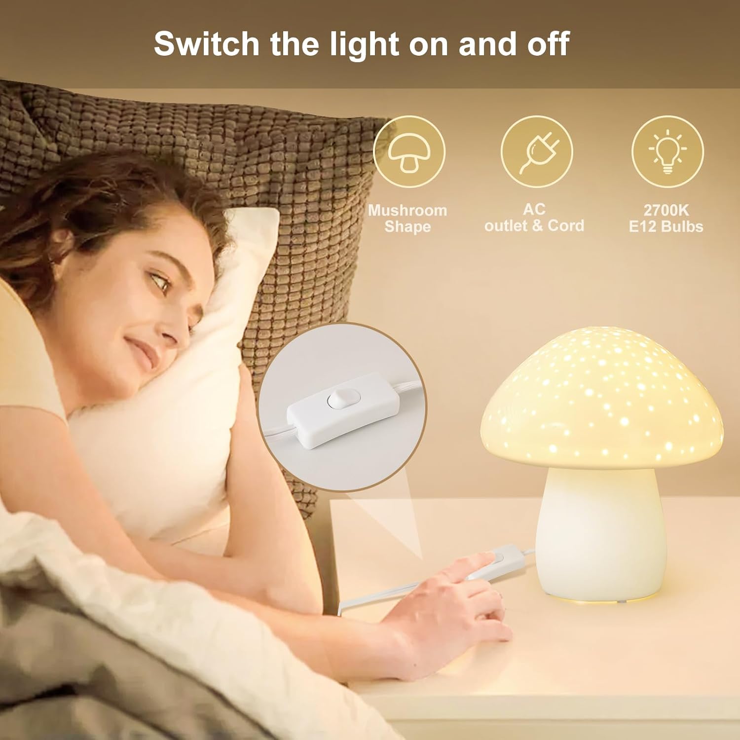 71yHRhvrayL._AC_SL1500_.jpg BOHON Mushroom Lamp, Ceramic Bedside Table Lamp for Bedroom Nightstand, Cute Night Light LED Small Lamp for Living Room Kids Home Office Desk Nursery Decor Girl Gifts, LED Bulb Included, White - Image 4