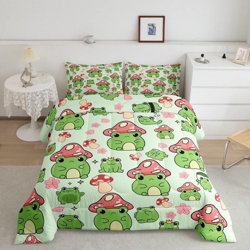 Mushroom Frog Bedding Set Full Size Cute Mushroom Comforter Set 3pcs for Kids Girls Boys Bedroom Decor Cartoon Animals Plants Quilt Set Pink Green Duvet Insert,2 Pillowcases