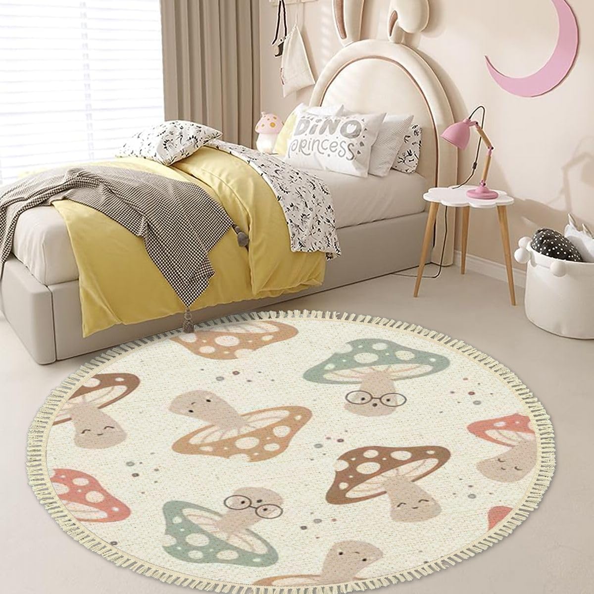 71yjYfyb2VL._AC_SL1200_.jpg 4' Round Tassels Carpet Hand Drawn Seamless Pattern Cute Kawaii Mushrooms Cute Drawing Doodle Boho Circle Area Rugs for Playroom Nursery Living Room Kids Bedroom Indoor Outdoor Home Decor - Image 2