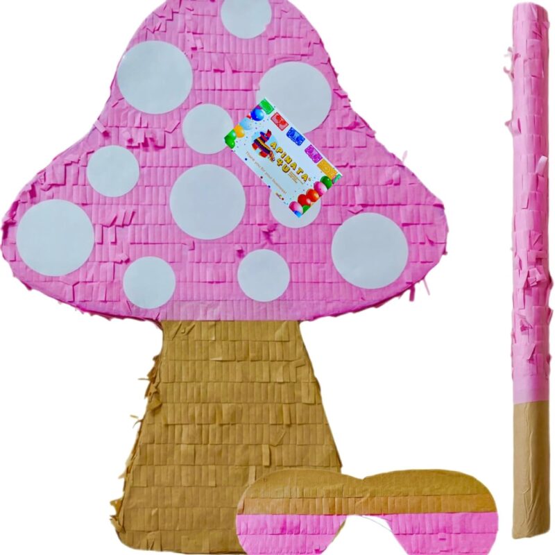 APINATA4U Tall Mushroom Pinata Kit (17.5x13.4x3.5 Inch) - Bubble Gum Pink & White Delight for Mushroom Themed Birthday Party - Stick And Mask Included - Perfect Decoration & Photo Prop Fun!