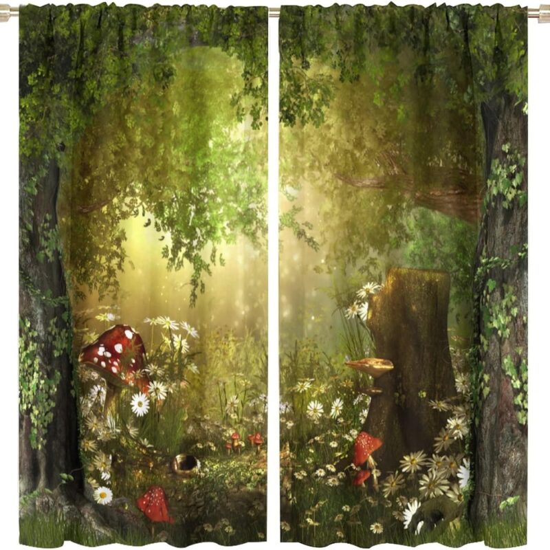 Dream Forest Curtains Beautiful and Charming Fairy Tale Lush Forest Land Mushroom Stumps Flowers Suitable for Kitchen Blackout Window Drapes Decoration 2 Panels Green 52x84in