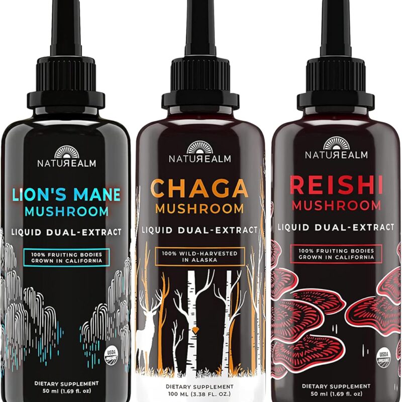 Naturealm Lion’s Mane, Reishi, & Chaga Mushroom Extract - Adaptogen Stack for Focus, Immunity, Longevity, Gut Health, Anti-Aging, Energy, Healing, & More - Organic Liquid Drops - 50 mL Each (3 Pack)